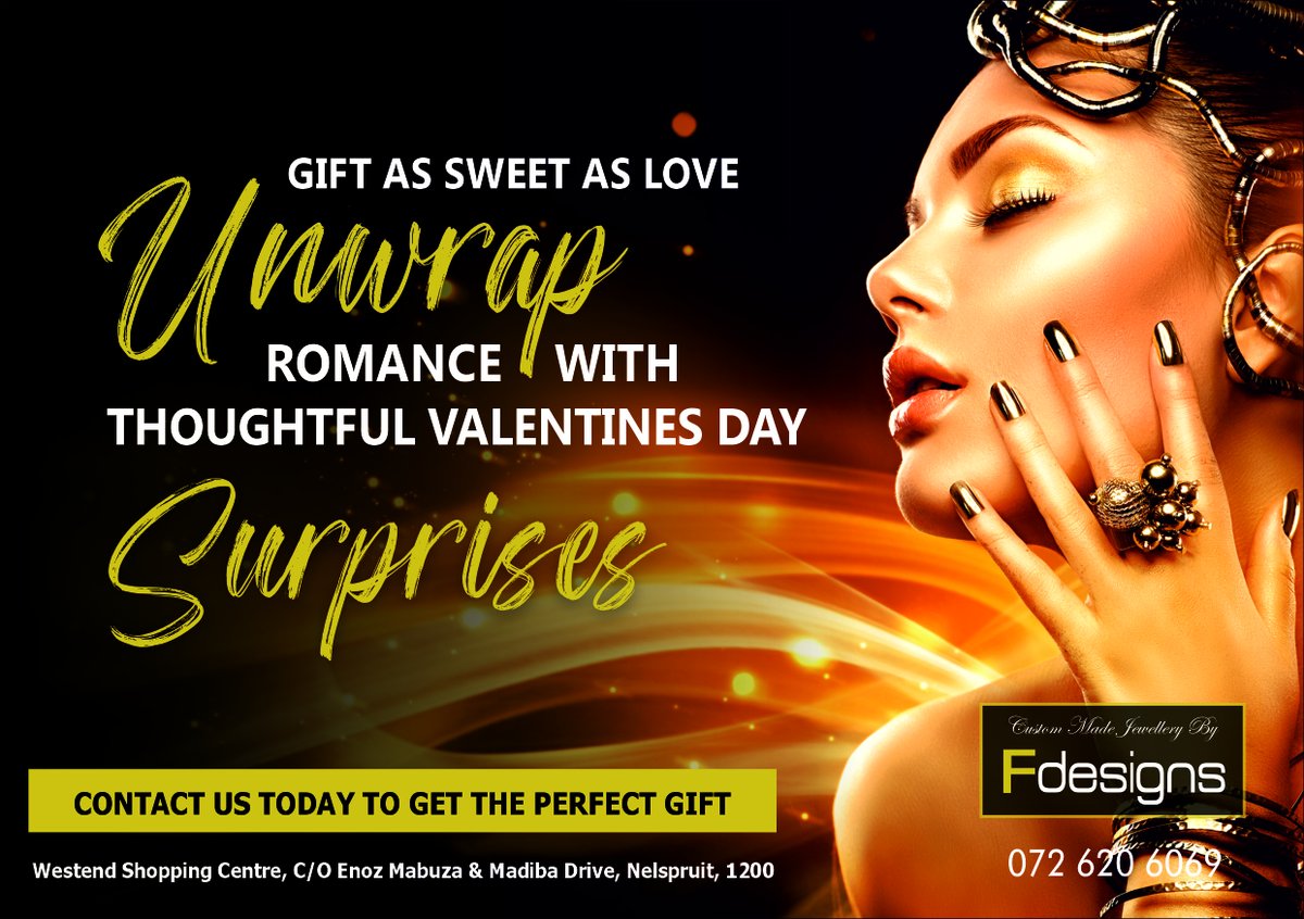 FDesigns6's tweet photo. Make her heart skip a beat with timeless treasures from Fdesigns. Choose from our stunning collection: captivating necklaces, sleek bracelets, and elegant rings. Crafted with love and precision, our jewelry guarantees a Valentine's Day to remember.

Call: 072 620 6069

#Fdesigns https://t.co/xfNY23f0S5