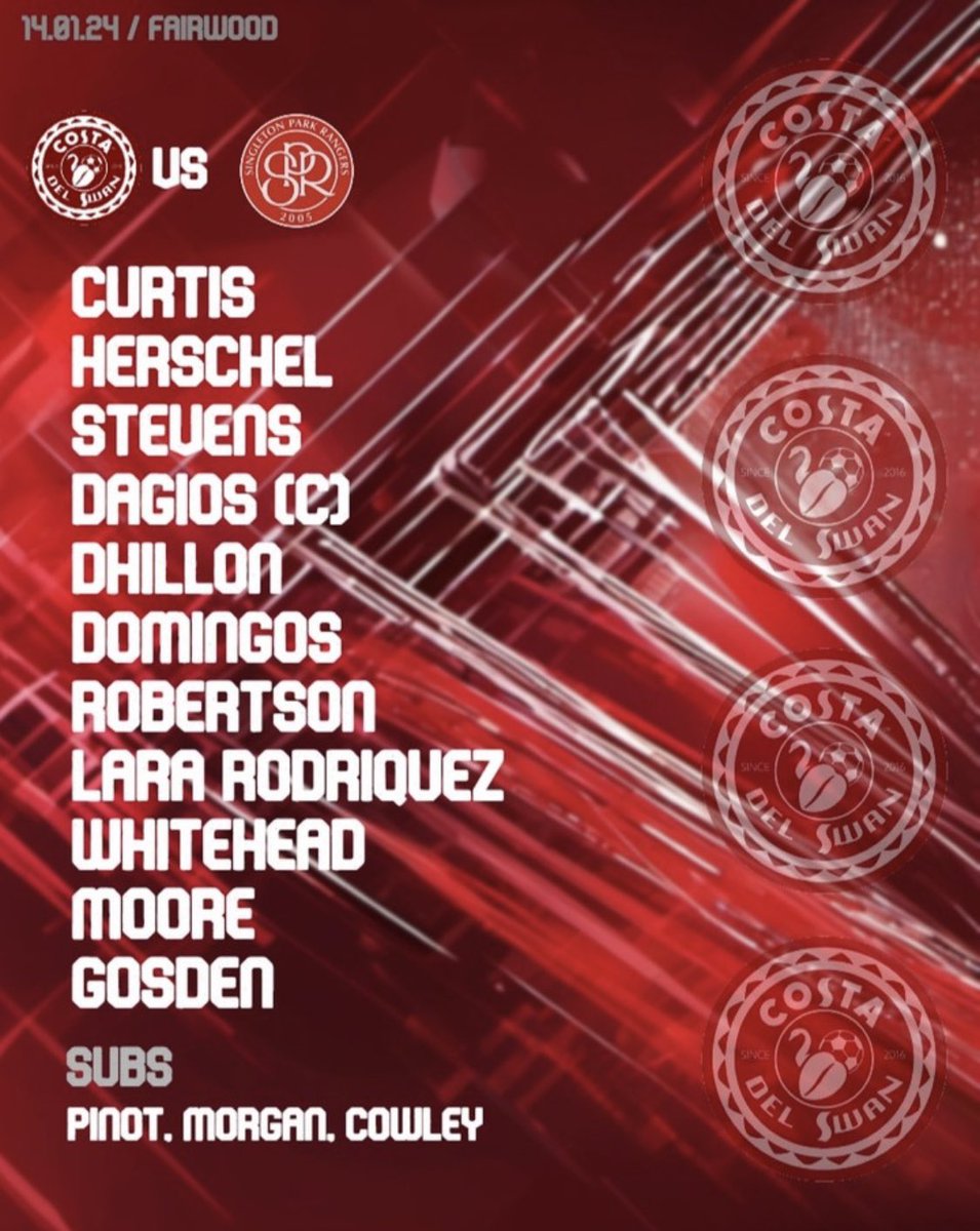 GAMEDAY:
vs Singleton Park Rangers

Lads take on SPR today looking to maintain top spot in the league and take home the 3 points in what should be a very good game. 🔴☕️

#UPTHELATTÉS
#COSTASZN

Lineup: