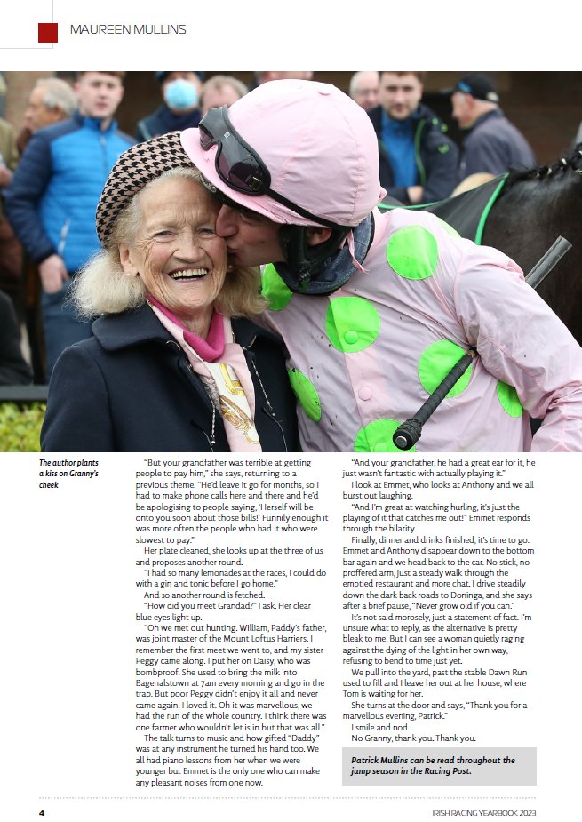 Daragh Ó Conchúir (@rebeldevil71) on Twitter photo Patrick Mullins wrote an homage to his granny, Maureen Mullins that appeared for the first time in <a href="/IRYOfficial/">Irish Racing Yearbook</a> 2023 (December 2022). The grand dame of Irish racing has died just a few months short of her 95th birthday. Patrick Mullins wrote an homage to his granny, Maureen Mullins that appeared for the first time in <a href="/IRYOfficial/">Irish Racing Yearbook</a> 2023 (December 2022). The grand dame of Irish racing has died just a few months short of her 95th birthday.