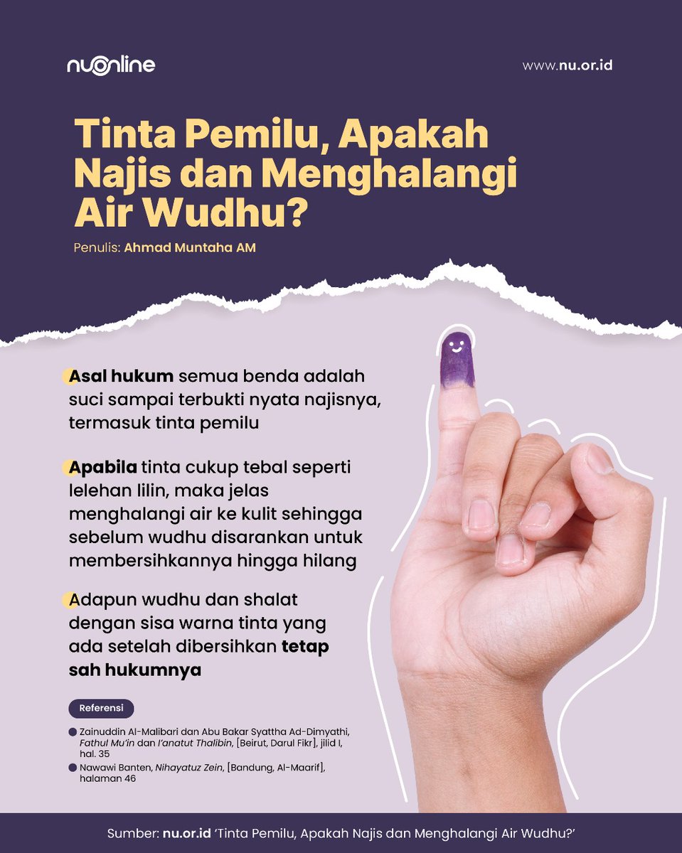 Halo Sahabat NU Online Sudah selesai mencoblos ya? Eh keliatan ada tinta di jarinya. Tintanya menghalangi wudhu gak ya? #NUOnline