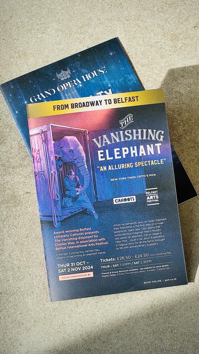 Delighted to see the @gohbelfast programme featuring JANU the incredible vanishing elephant. Book tickets for our newest production this October 🐘 @BelfastFestival tinyurl.com/yh7zcpp6