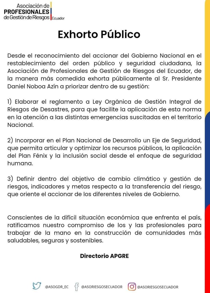 Asociación Gestión Riesgos 🇪🇨 (@asogdr_ec) on Twitter photo 📌 #EXHORTOPÚBLICO
El país requiere de un trabajo mancomunado que priorice las necesidades de la gran mayoría de los ecuatorianos.Nuestro compromiso presidente <a href="/DanielNoboaOk/">Daniel Noboa Azin</a>, es seguir sumando voluntades y capacidades para aportar con evidencia a la política pública del Estado. 📌 #EXHORTOPÚBLICO
El país requiere de un trabajo mancomunado que priorice las necesidades de la gran mayoría de los ecuatorianos.Nuestro compromiso presidente <a href="/DanielNoboaOk/">Daniel Noboa Azin</a>, es seguir sumando voluntades y capacidades para aportar con evidencia a la política pública del Estado.