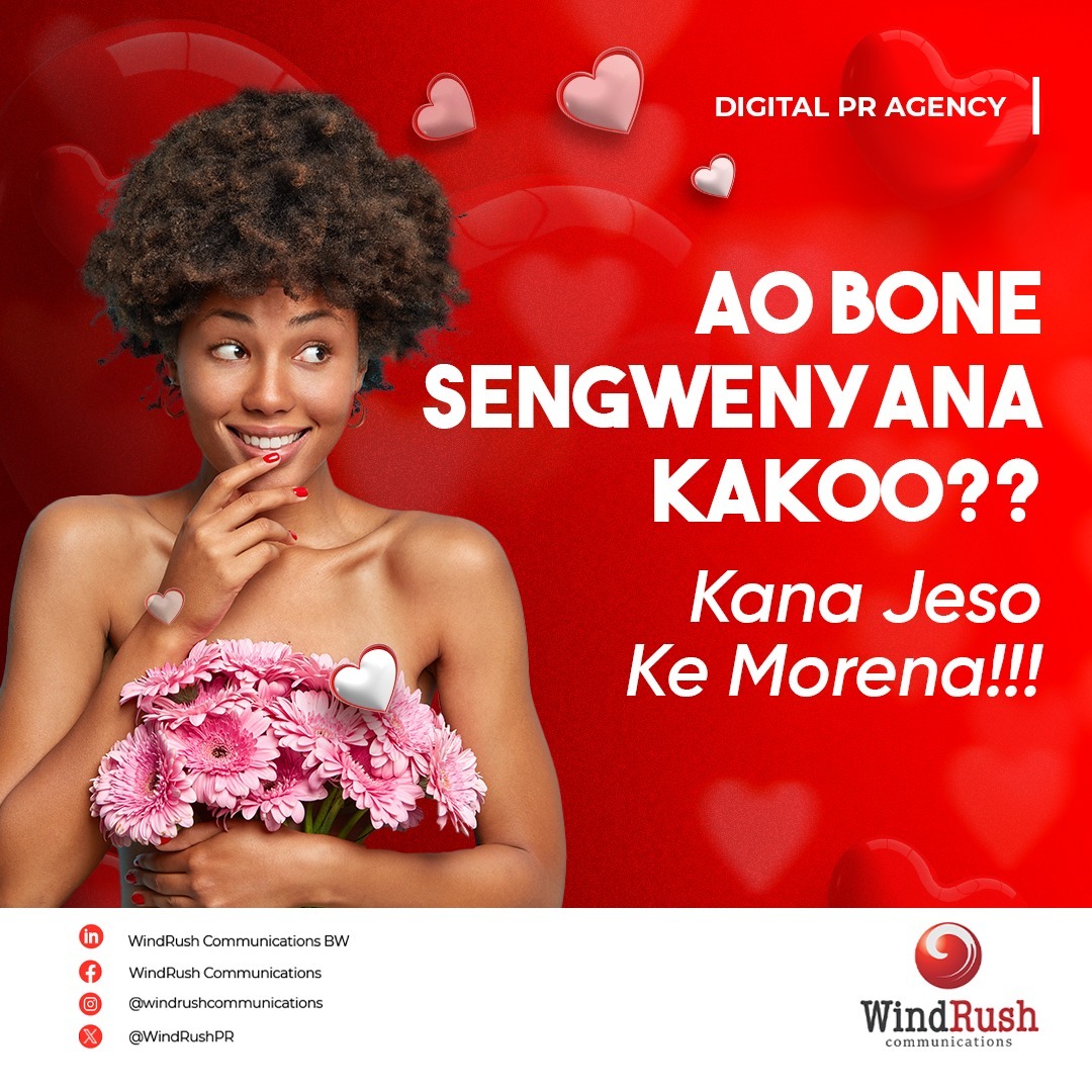 WindRushPR's tweet photo. Go tlhotse gole busy busy, A wena o kgonne go bona sengwenyana ka koo??

At #WindRushPR we dont make empty promises. We can help your brand's love story become a success!
#valentines #WindRushCommunications #DigitalPR https://t.co/gRNQZXh0yb