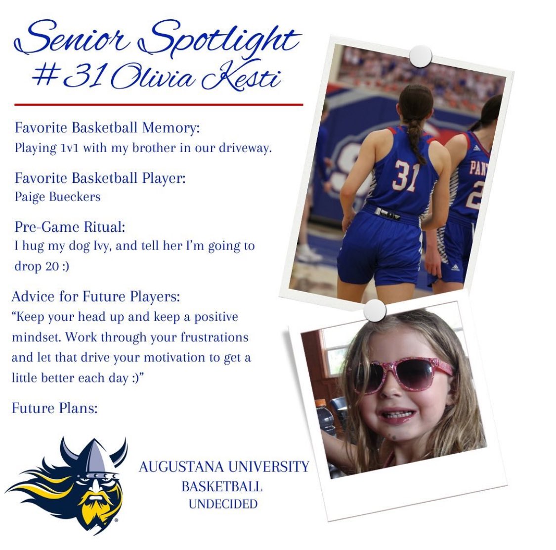 🌟day 3 of senior spotlight🌟

🔦forward and captain, #31 Liv Kesti

🏀Senior Night - Friday, February 16th

MARK YOUR CALENDARS‼️