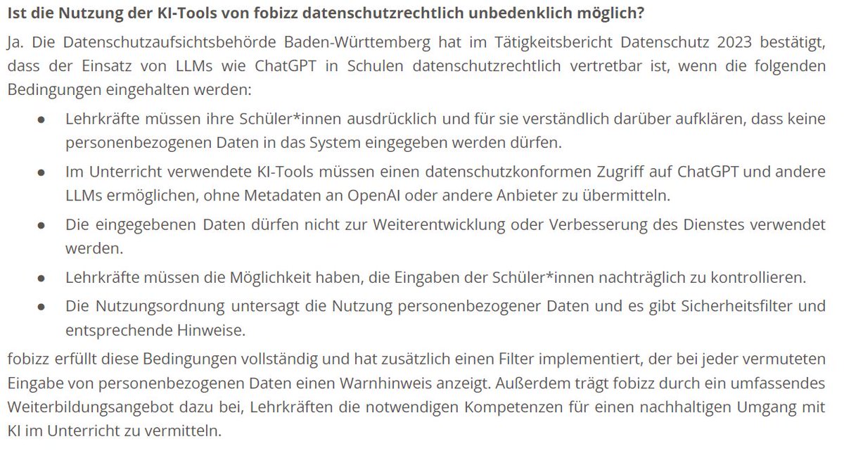 Die Aufsichtsbehörde für den Datenschutz BW hat bestätigt, dass der Einsatz von KI-Tools in Schulen vertretbar ist, wenn Bedingungen eingehalten werden. 
Ich freue mich über die Bestätigung von @fobizz, dass ihre KI-Tools die Anforderungen aus BW erfüllen: bit.ly/49SJr0v