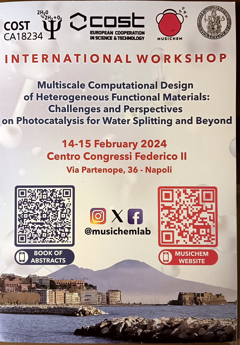 Thanks are due to @musichemlab for organizing the Intl Workshop on Multiscale Computational Design of Heterogeneous Functional Materials at the beautiful city of Naples. Notes from the 1st day: Inspiring talks, excellent weather and many friends. @rgraucrespo @AngelMorales83 ...
