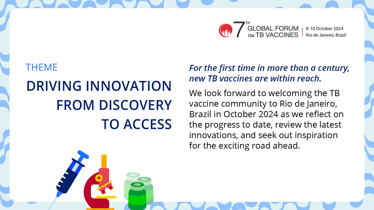 In recognition of the pivotal moment we're facing in TB vaccine R&amp;D, we're holding this year's 7th Global Forum on TB Vaccines under the theme "Driving innovation from discovery to access".

👉 Learn more about the #7GFTBV &amp; subscribe at bit.ly/TBVxForRioThm