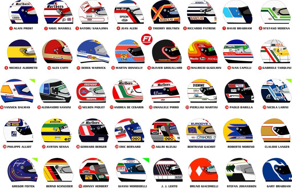 LegendarysF1's tweet photo. Helmets 1990.

#F1 https://t.co/fv0zmxSD7I
