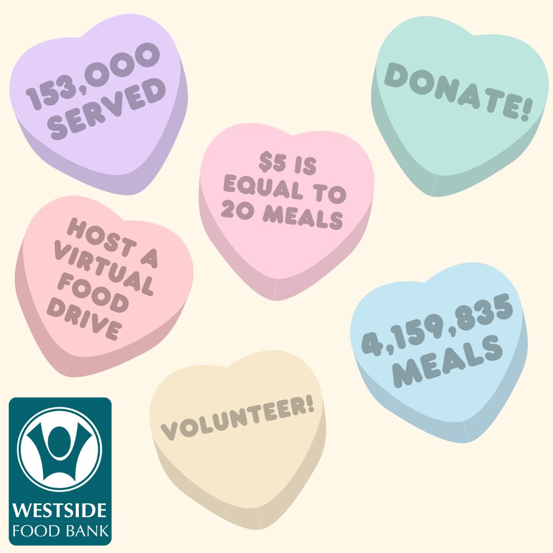 Give the Valentine that keeps on giving. Support our community all year long by becoming a monthly donor to Westside Food Bank this Valentine's Day! Visit wsfb.org/donatenow to make your gift today 💘