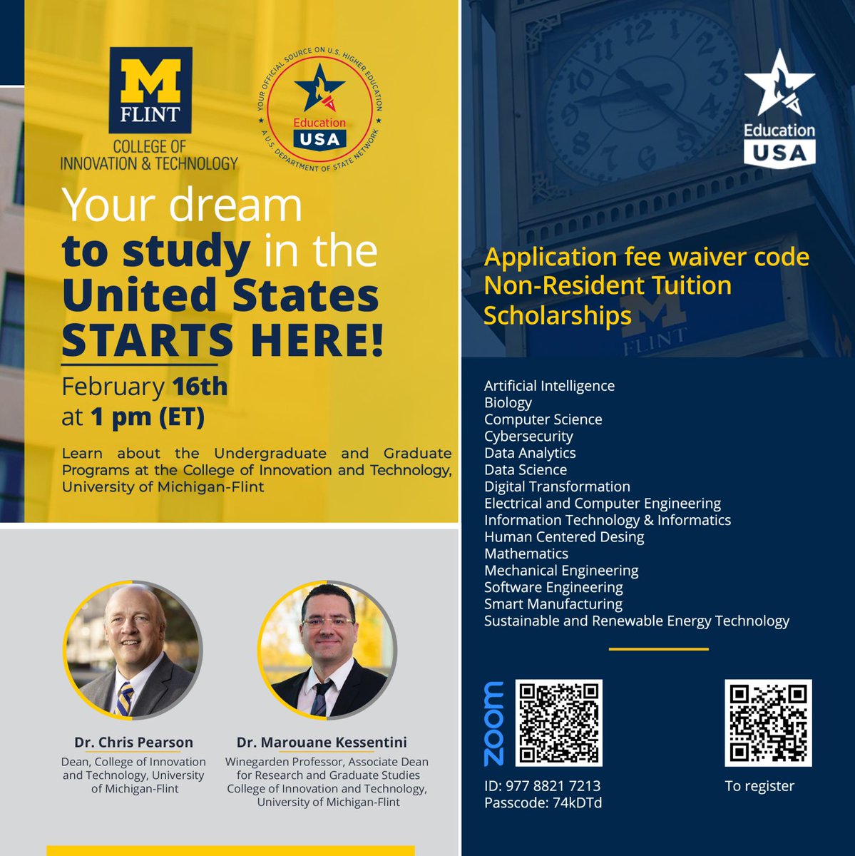 Check out this event organized by EducationUSA and CIT! To register, please complete this brief form: lnkd.in/gbephW6A 

#internationalstudents #studyusa  #educationmatters #studyabroad #CIT #EducationUSA #umich #umflint