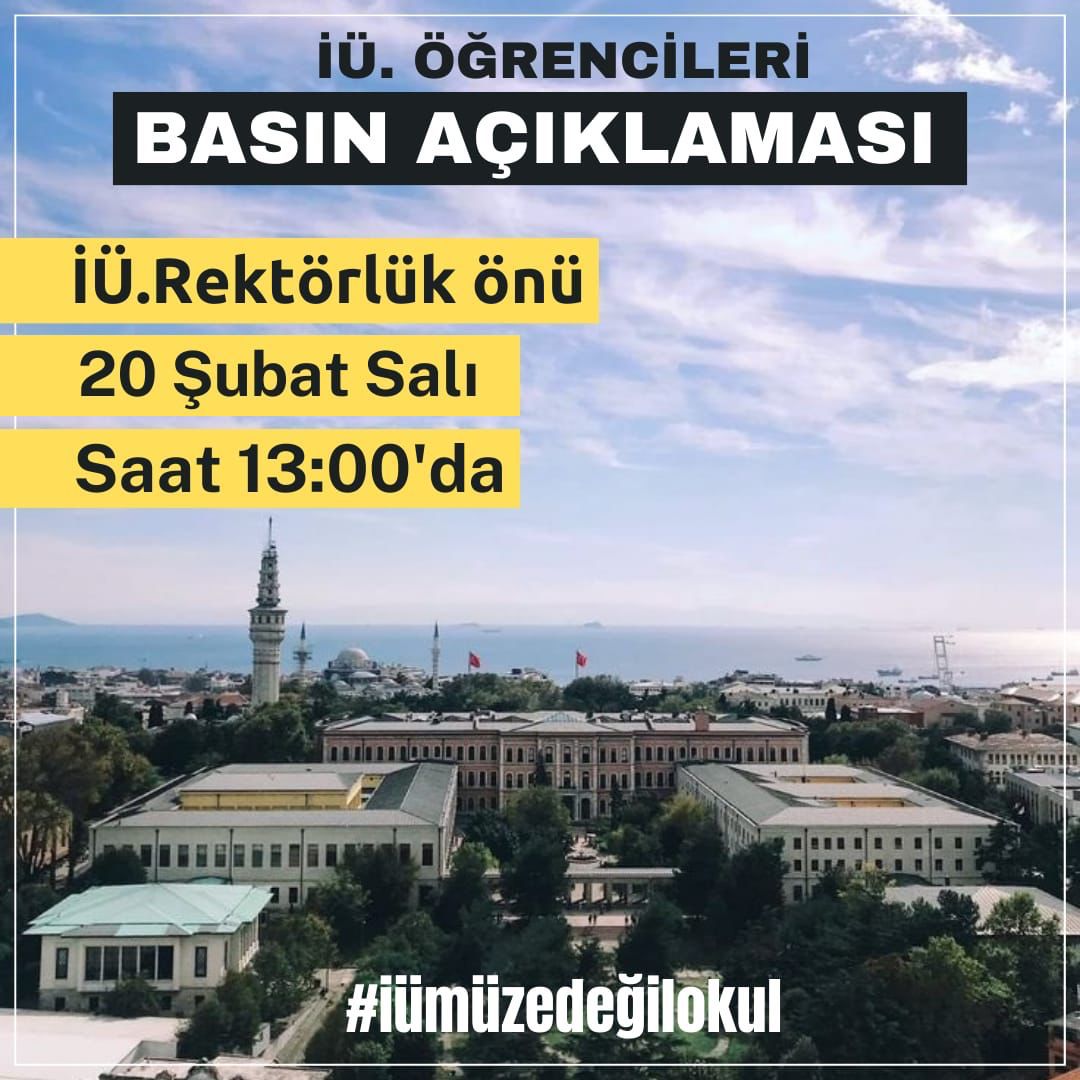 20 Şubat Salı günü saat 13.00 da yapacağımız basın açıklamamıza tüm sıra arkadaşlarımızı bekliyoruz. #iümüzedeğilokul

forms.gle/VddhDpcVjvNCTk…