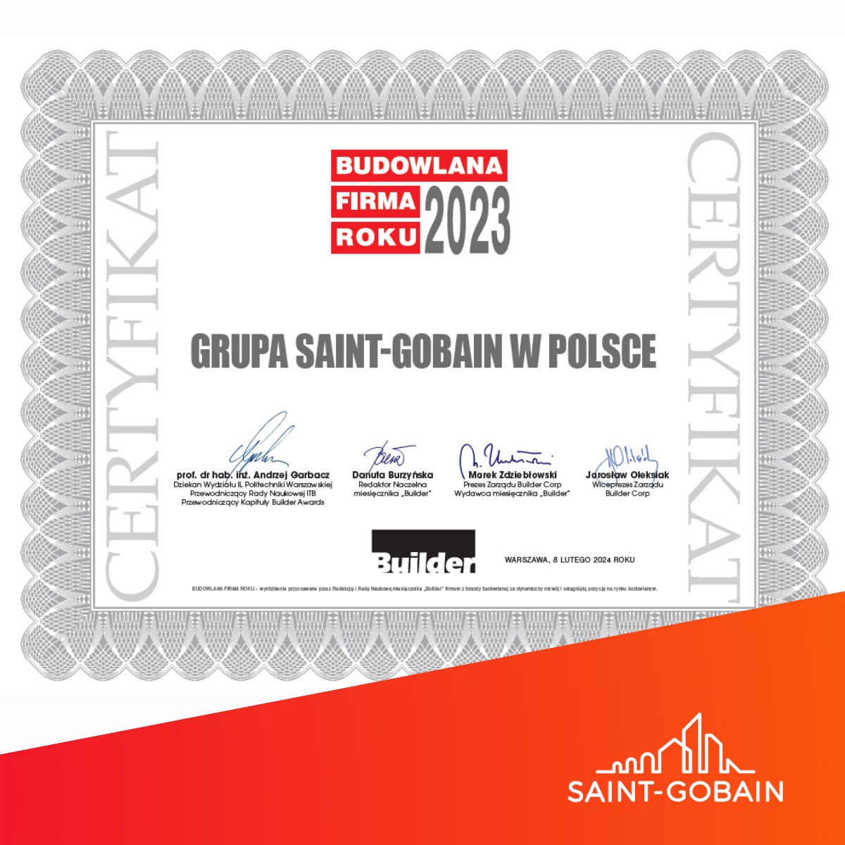 SAINT-GOBAIN BUDOWLANĄ FIRMĄ ROKU 2023 📢
Wyróżnienie to przyznawane jest przez Redakcję i Radę Naukową #BuilderPolska firmom z branży budowlanej za dynamiczny rozwój i pozycję na rynku oraz za szczególne osiągnięcia w danym roku, wyróżniające na tle branży i konkurencji.