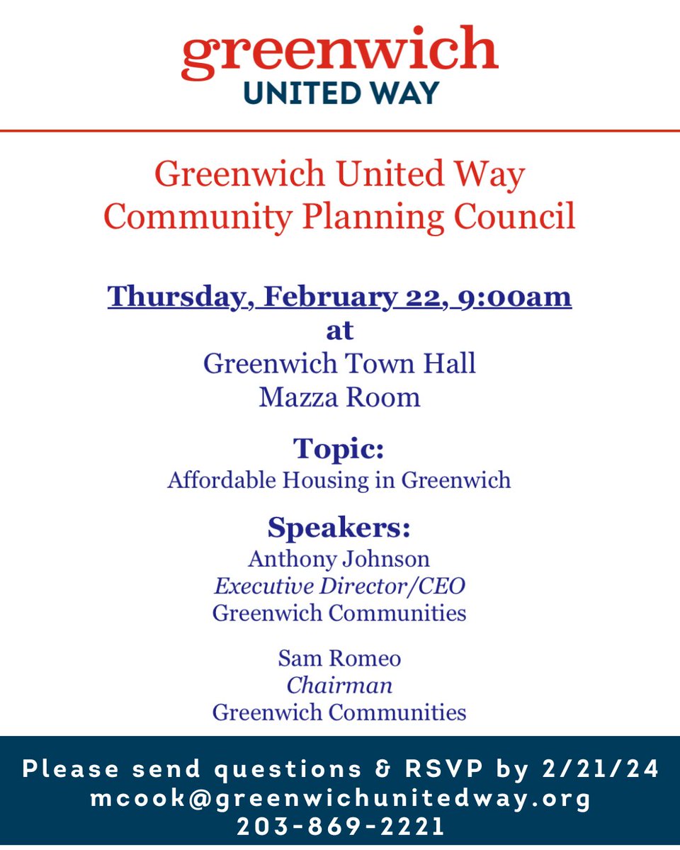 GreenwichUW's tweet image. Join GUW’s CPC meeting on 2/22, 9AM at Greenwich Town Hall for a discussion on affordable housing in Greenwich. RSVP and/or send Qs in advance for our guests from Greenwich Communities: Executive Director/CEO Anthony Johnson and Chairman Sam Romeo. #WEAREGREENWICH #FinditFixit
