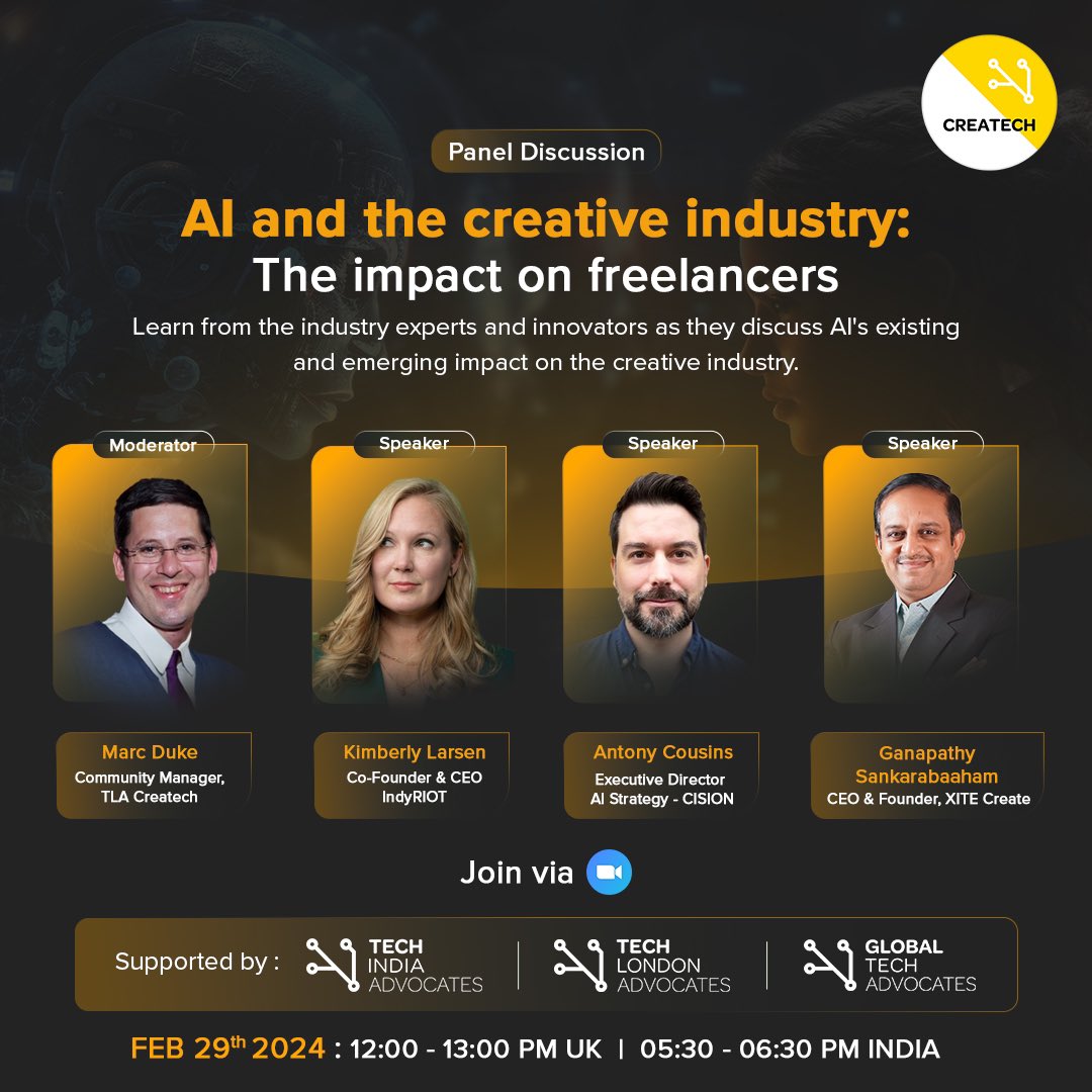 Tech India Advocates (@techindiaadv) on Twitter photo We are delighted to support <a href="/TLA_CreaTech/">TLA Creative Tech</a> event - 29th Feb. 
#Al and the #Creative industry - its impact on freelancers. 🌏
Great to kickoff this series with <a href="/marcduke/">marcduke</a> <a href="/TechLondonAdv/">Tech London Advocates</a> <a href="/GlobalTechAdv/">Global Tech Advocates</a> 
Book Now> eventbrite.co.uk/e/ai-and-the-c… We are delighted to support <a href="/TLA_CreaTech/">TLA Creative Tech</a> event - 29th Feb. 
#Al and the #Creative industry - its impact on freelancers. 🌏
Great to kickoff this series with <a href="/marcduke/">marcduke</a> <a href="/TechLondonAdv/">Tech London Advocates</a> <a href="/GlobalTechAdv/">Global Tech Advocates</a> 
Book Now> eventbrite.co.uk/e/ai-and-the-c…