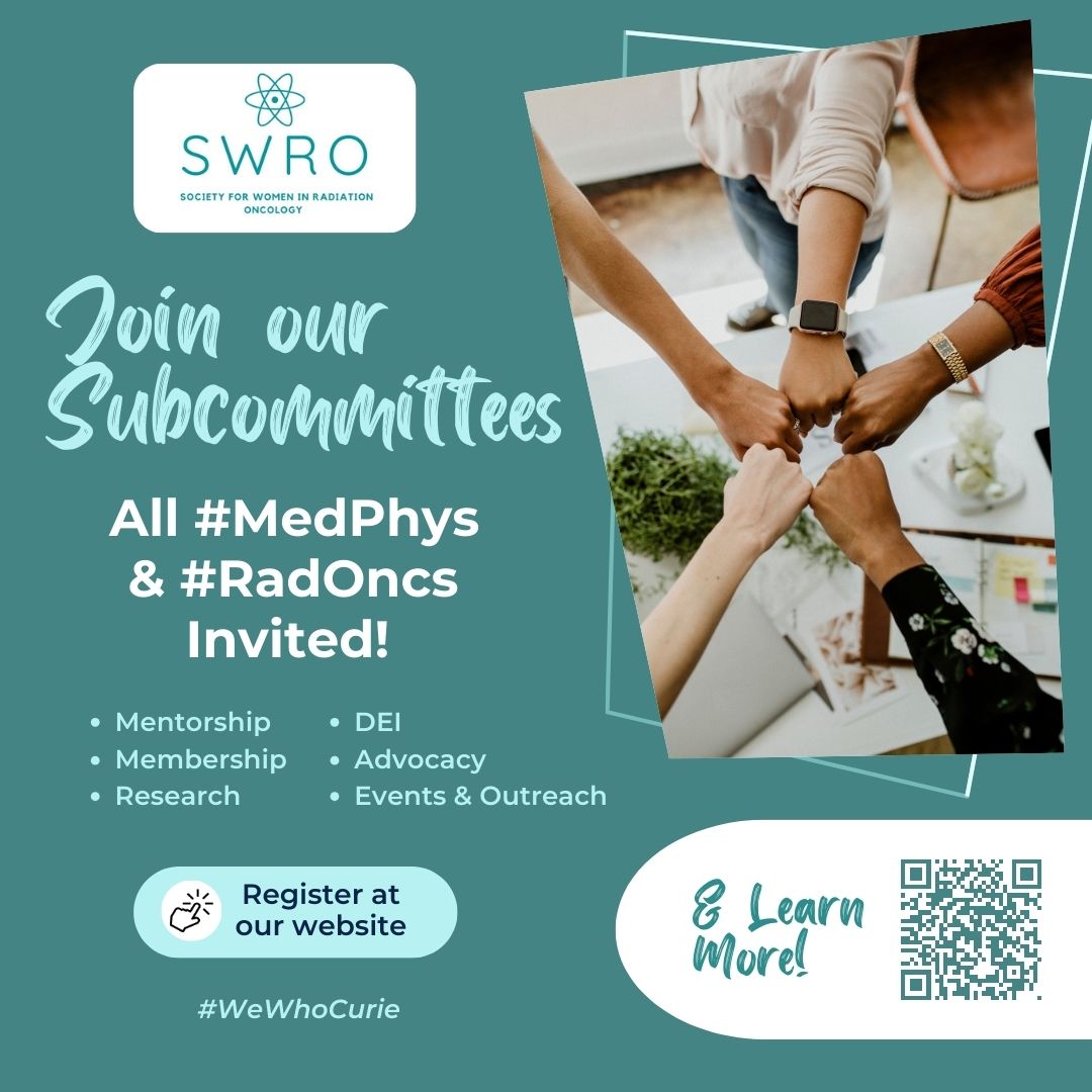 On this #WeWhoCurie Wednesday we encourage you to join our subcommittees! If you're looking for ways to get involved and meet more women/gender minorities in #RadOnc & #MedPhys learn more & register through our website😃 tinyurl.com/4f3nt8ev @aapmstsc @AAWR_org @caro_acro_ca