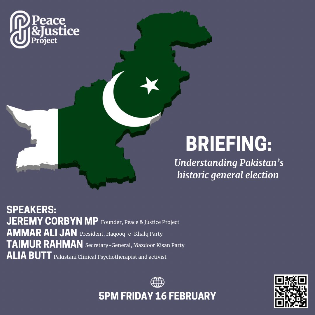 ONLINE BRIEFING: Understanding Pakistan’s historic general election 🇵🇰 Join @jeremycorbyn, @ammaralijan, @Taimur_Laal and @QualiaInterAlia at 5PM on Friday 16 February as they discuss the latest set of election results in Pakistan. Register: bit.ly/3SFqMOH