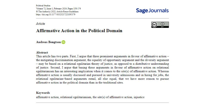 IN NEW ISSUE:@DrBengtson discusses affirmative action in politics and equal relations in his @PolStudies article: ow.ly/Yvwj50Jf1WY (OPEN ACCESS) #ECRs @PolStudiesAssoc @SAGECQPolitics #polsci #injustice