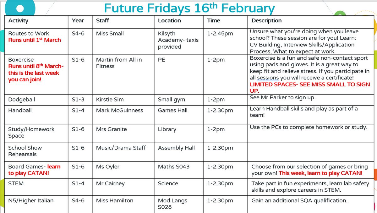 ⭐️FUTURE FRIDAYS 16TH FEB⭐️ 

See image for full details 👇🏼

💼S4-6 Routes to Work programme
🥊Boxercise <a href="/allinfitnesssco/">All In Fitness</a> 
🏐S1-3 Dodgeball <a href="/CumberAcadPE/">Cumbernauld Acad. PE 🏳️‍🌈</a> 
🤾🏼‍♂️Handball <a href="/tryst77/">Tryst77</a> 
📚Study Space
🎭School Show
🎲Board Games
👩🏼‍🔬STEM
🇮🇹Italian

<a href="/CumbernauldAcad/">Cumbernauld Academy</a>
