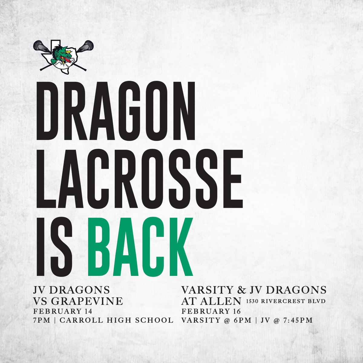 Southlake Carroll Dragon Lacrosse (@scladragonlax) on Twitter photo First JV & Varsity games of the season are this week.
JV Dragons 🆚 Grapevine
💕 February 14
⌚️7pm
📍Carroll High School
Varsity & JV Dragons @ Allen
🗓️ February 16
⌚️ Varsity @ 6pm
⌚️ JV @ 7:45pm
🎥 & 🎟️ links in profile
<a href="/Carrollisd/">Carroll ISD</a> <a href="/SLCAthletics/">Carroll Dragons</a> <a href="/CABCSLC/">CABC</a> First JV & Varsity games of the season are this week.
JV Dragons 🆚 Grapevine
💕 February 14
⌚️7pm
📍Carroll High School
Varsity & JV Dragons @ Allen
🗓️ February 16
⌚️ Varsity @ 6pm
⌚️ JV @ 7:45pm
🎥 & 🎟️ links in profile
<a href="/Carrollisd/">Carroll ISD</a> <a href="/SLCAthletics/">Carroll Dragons</a> <a href="/CABCSLC/">CABC</a>