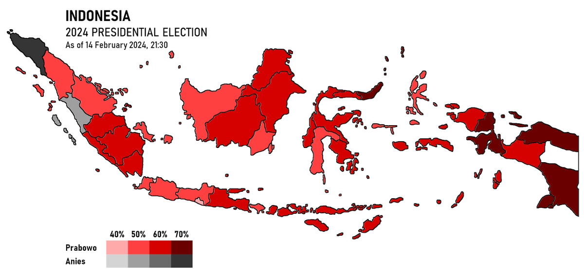 2024 Indonesian presidential election Leading candidate per province as of 14 February 2024, 21:30.