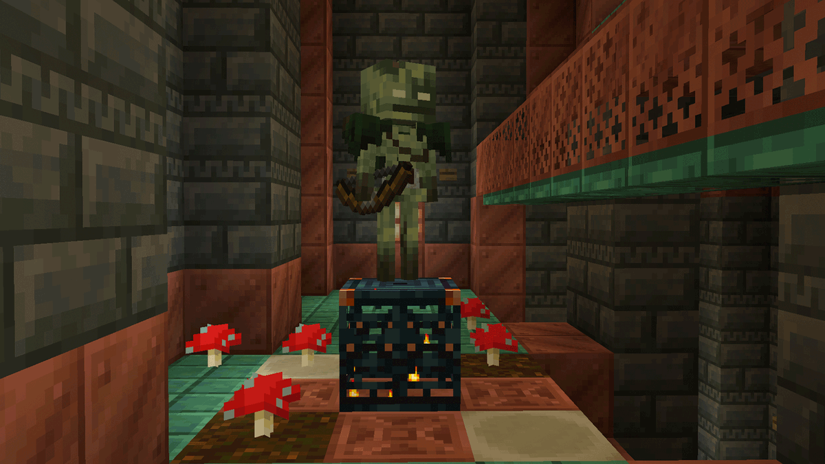 Minecraft's tweet photo. 🚨 New Mob Alert: the bogged! 🚨
 
A variation of the skeleton, the bogged is equipped with deadly poison arrows and can be found in the trial chambers &amp; swamp biomes. 
 
Test it out on the latest Snapshot (coming soon to Bedrock beta &amp; preview): https://t.co/EbiwNuTdXv https://t.co/jfobNNZTT8
