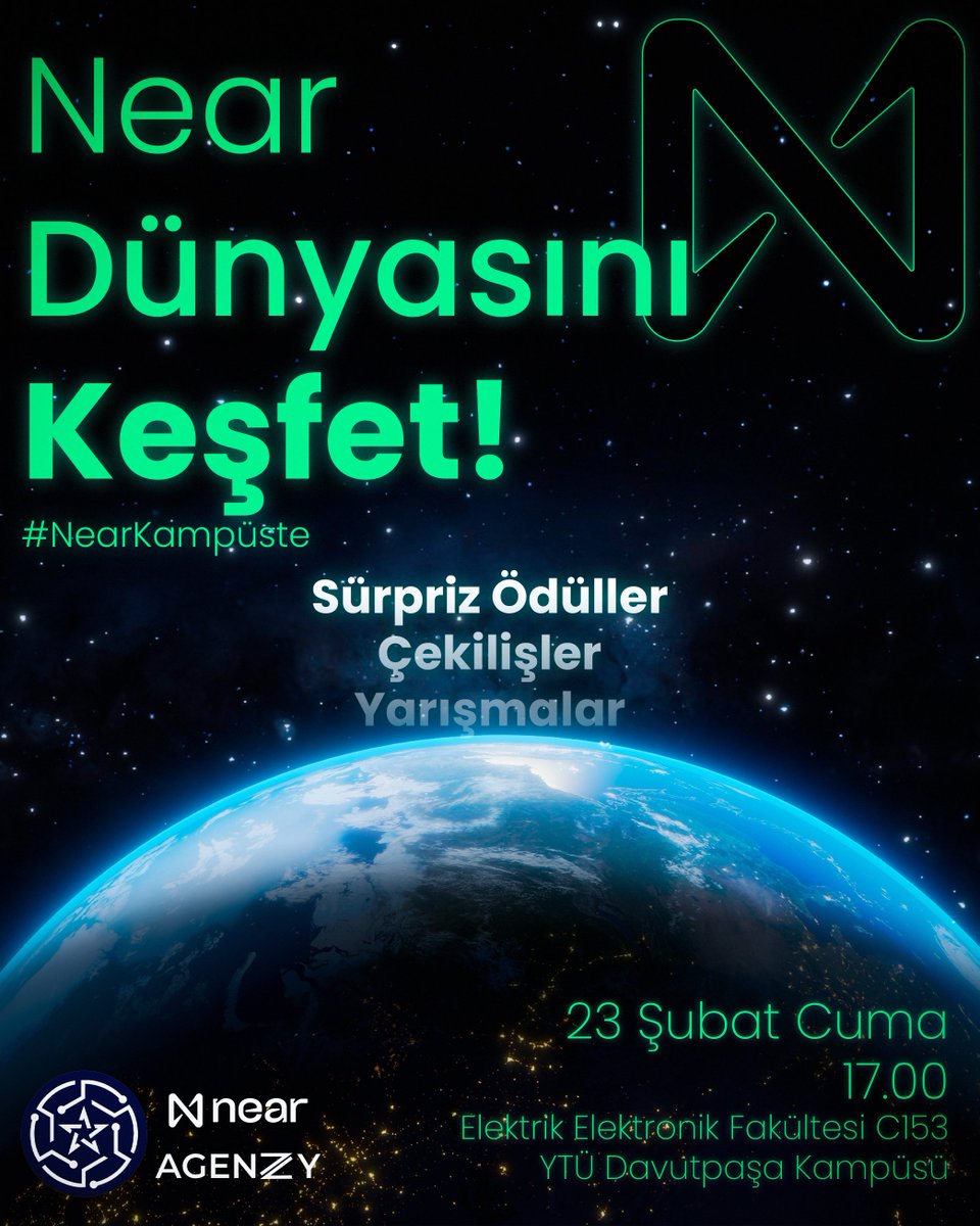 23 Şubat'ta Takvimlerinizi Boşaltın! 📢

Partneri olduğumuz @near_turkey için #nearkampüste etiketi ile başlattığımız üniversite etkinliklerinden ilkini @BlockchainYtu  ile YTÜ Davutpaşa Kampüsü'nde gerçekleştiriyoruz! 🌟🚀 

Sürpriz ödüllerin, çekilişlerin ve yarışmaların