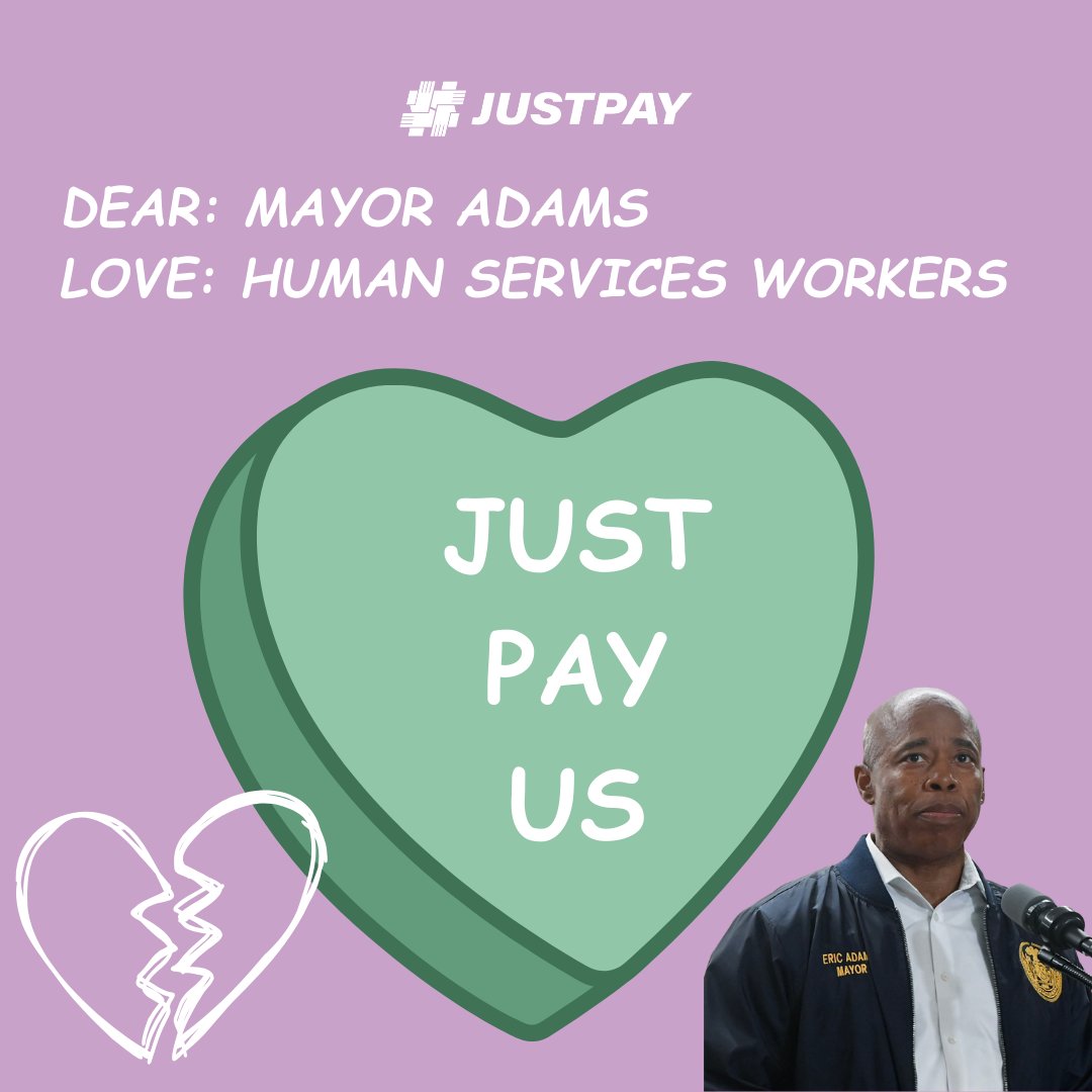 The best way to celebrate #ValentinesDay is to join @HSC_NY and demand #JustPay for human services workers! Send a valentine to @NYCMayor at bit.ly/48bDla4 to make it clear that we need a cost-of-living adjustment (COLA) in our City contracts. Xoxo 😘 💌 💘