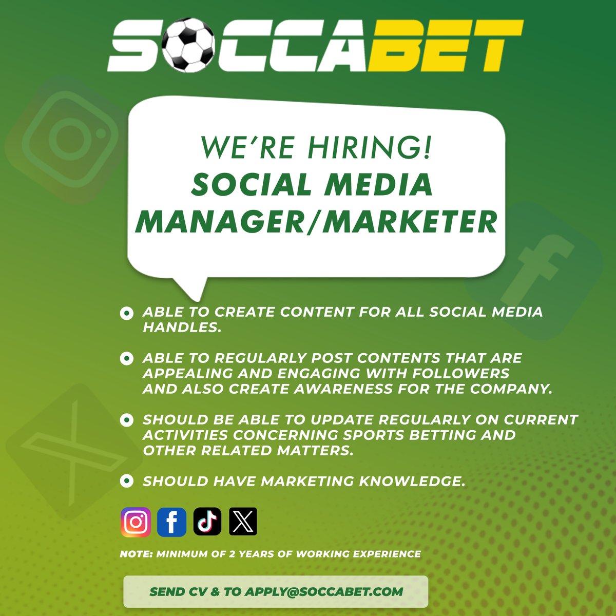We're hiring Social media/marketer. CV can be sent to the email address provided if all requirements are met.