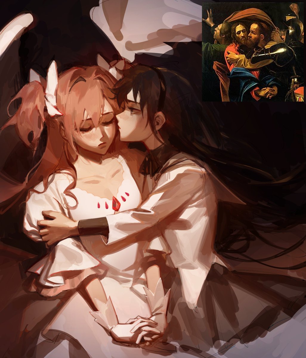 for valentines day i offer madoka and homura drawn as caravaggios the taking of christ🫀