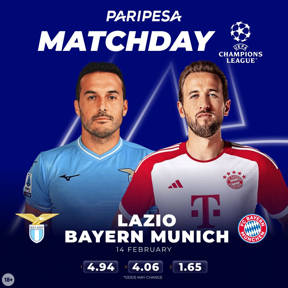 ☄️Exciting UCL🏆 showdown alert!🔴

Lazio takes on Bayern Munich in the Champions League!🇮🇹🇩🇪

Register on paripesa here➡️bit.ly/44NYMwM
For Bonus use Promo💰Code: ARTINS

Who do you think will come out on top?👀

#LazioBayern #ChampionsLeague