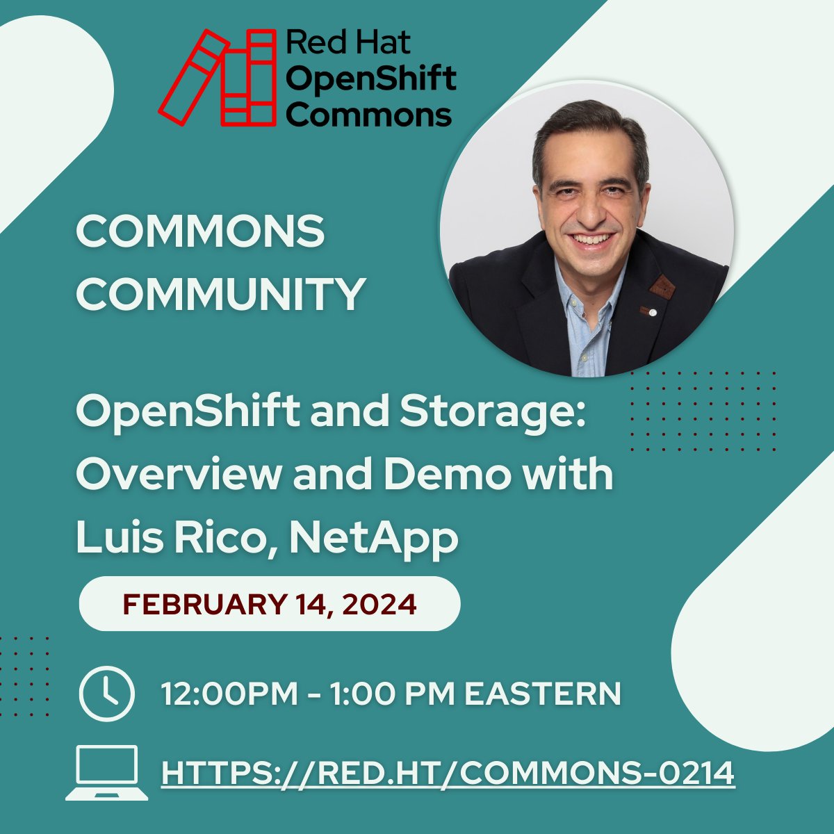 Today! 12pm Eastern -<a href="/RedHat/">Red Hat</a> <a href="/openshift/">Red Hat OpenShift</a> Commons Community call with <a href="/LuisRico__/">Luis Rico</a> (<a href="/NetApp/">NetApp</a> ) - OpenShift and NetApp Storage, Overview and Demo

red.ht/commons-0214
