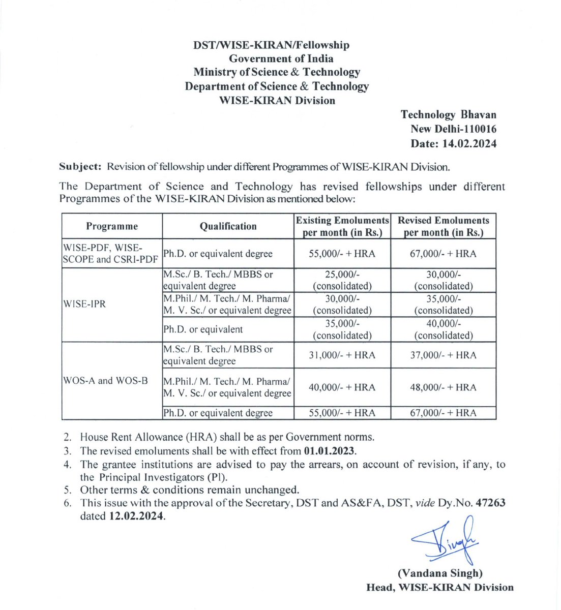 .@IndiaDST has revised #fellowships under different Programmes of the WISE-KIRAN Division. 🔹Revised emoluments shall be with effect from 01.01.2023. @DrJitendraSingh @karandi65 @guptaakhilesh63 @VandanaDST @chhamaawasthi