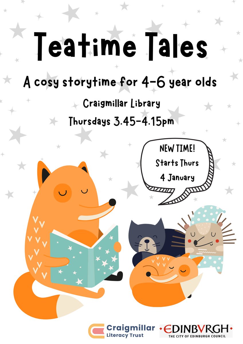 🦊T E A T I M E T A L E S🦔 If you're in need of some cosy stories, snuggled under the blanket, followed by a hot chocolate (or hot ribena) AND you're aged 4-6(ish!), do come & join Katie tomorrow for #TeaTimeTales! Every Thursday 3.45-4.15pm in #CraigmillarLibrary🥰