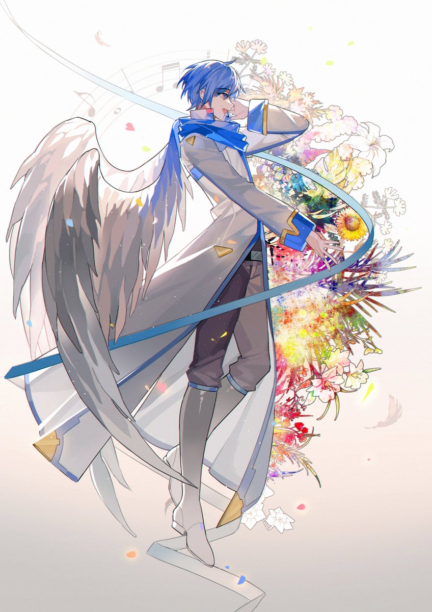kaito (vocaloid) flower male focus 1boy bouquet blue hair wings holding bouquet  illustration images