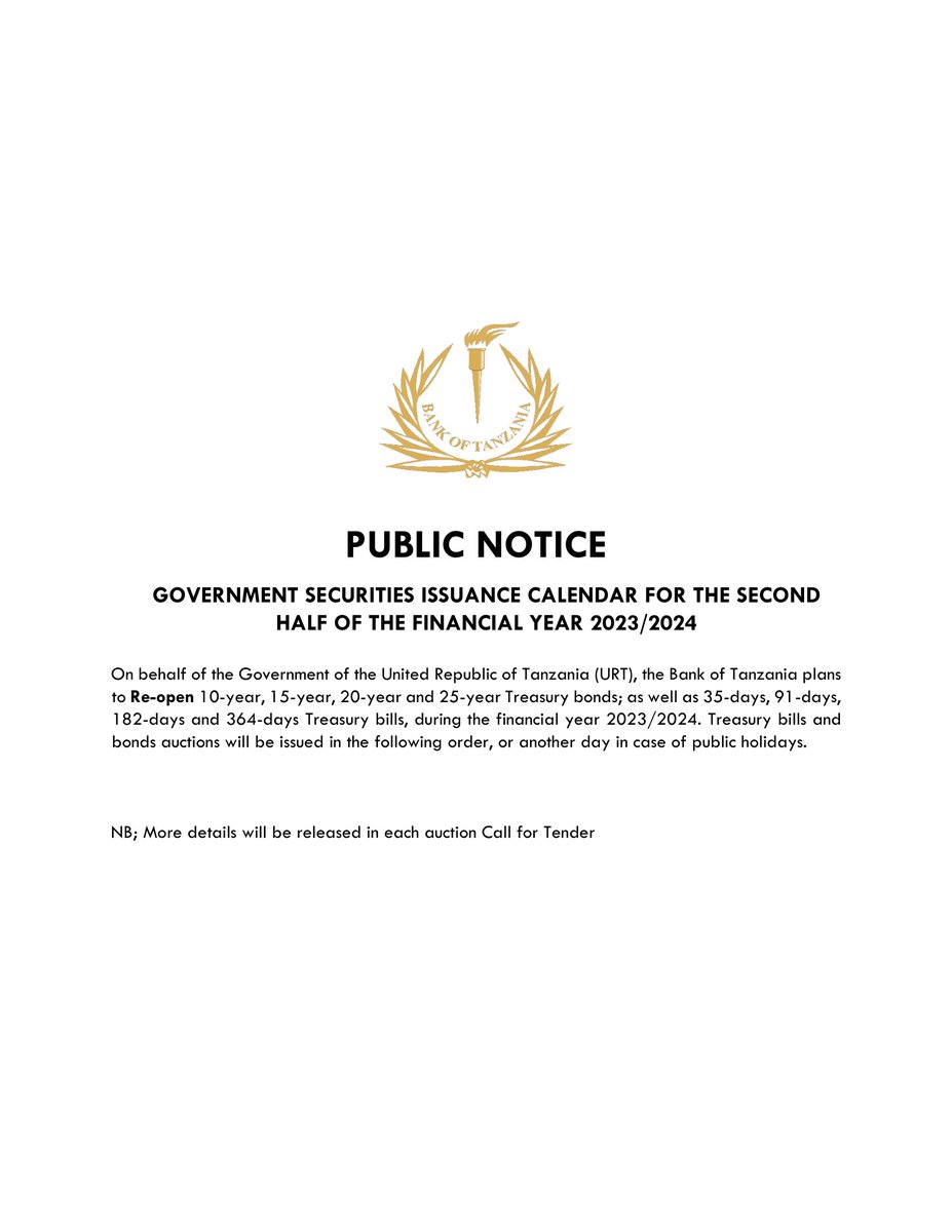 PUBLIC NOTICE: GOVERNMENT SECURITIES ISSUANCE CALENDAR FOR THE SECOND HALF  OF THE FINANCIAL YEAR 2023/2024