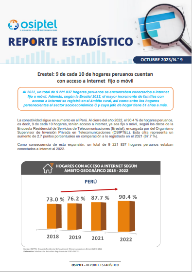 ¿ Cuantos hogares peruanos tienen internet ?
El acceso al internet hace posible que mas personas tengan acceso a las redes sociales y una oportunidad de las empresas para comunicar.
El 2018 el 70% de hogares tenian acceso a internet, el 2022 subio a 90.4%