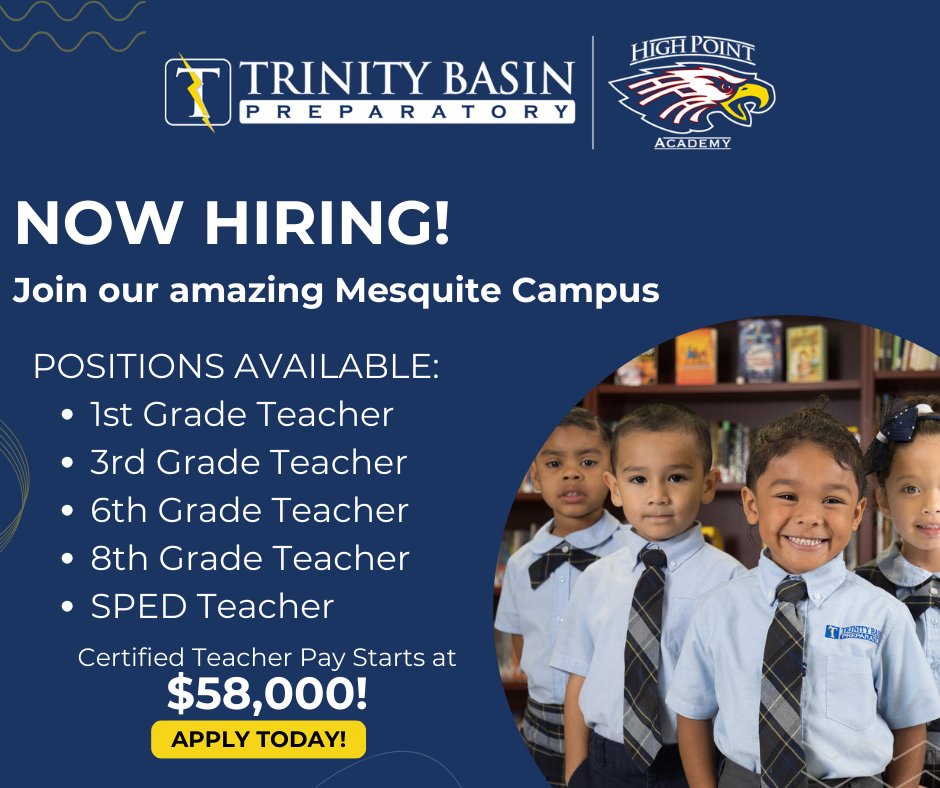 elleryhowarth's tweet photo. @Trinity_Basin is hiring at our Mesquite campus. Apply today at https://t.co/KJEMmXjxRm. 
#DFWHiring #mesquiteTX  #hiringTeachers https://t.co/aZbh7C5hCI