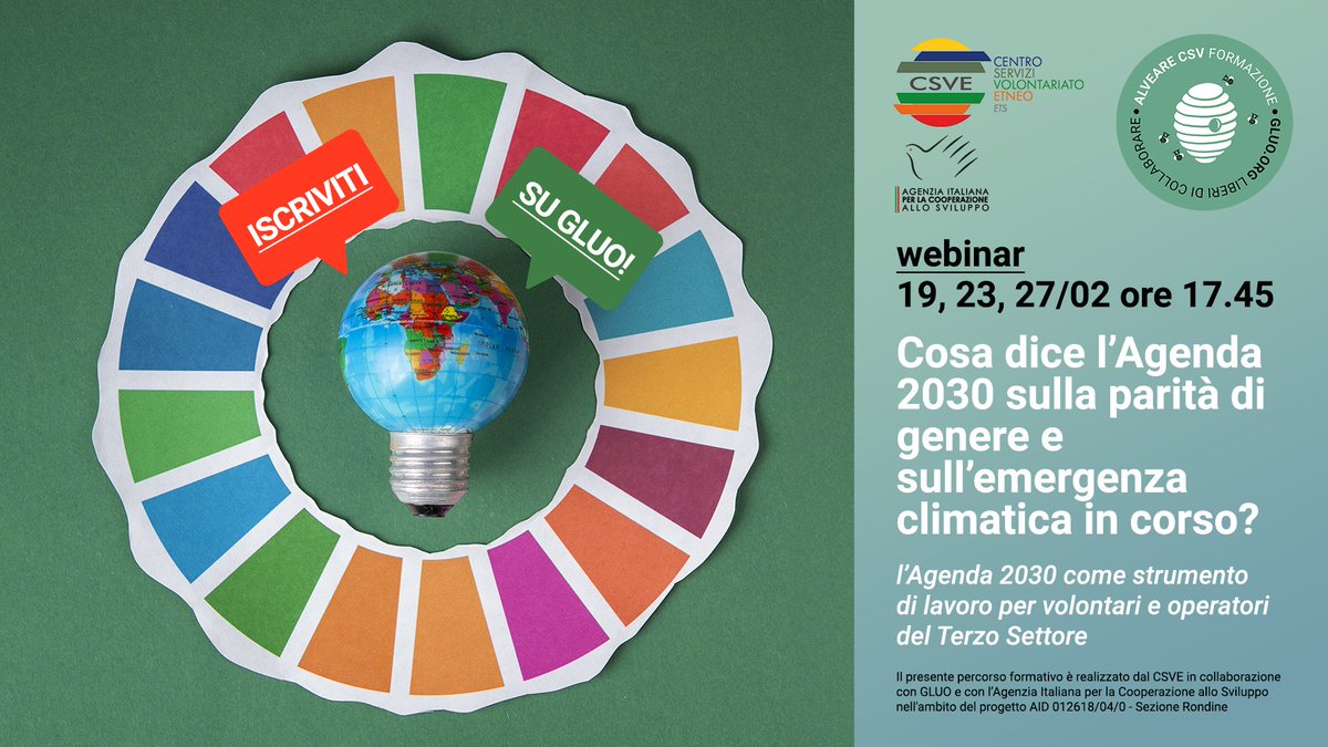#paritàdigenere #crisiclimatica #svilupposostenibile
Posticipato il corso in 3 appuntamenti promosso da <a href="/csvetneo/">CSVE Centro di Servizio per il Volontariato Etneo</a> e <a href="/aics_it/">AICS Cooperazione_it</a> sull'#Agenda2030 come strumento di lavoro per volontari e operatori del Terzo Settore.
Info e iscrizioni qui: bit.ly/3SqxKXE
<a href="/CSVnet/">CSVnet</a>