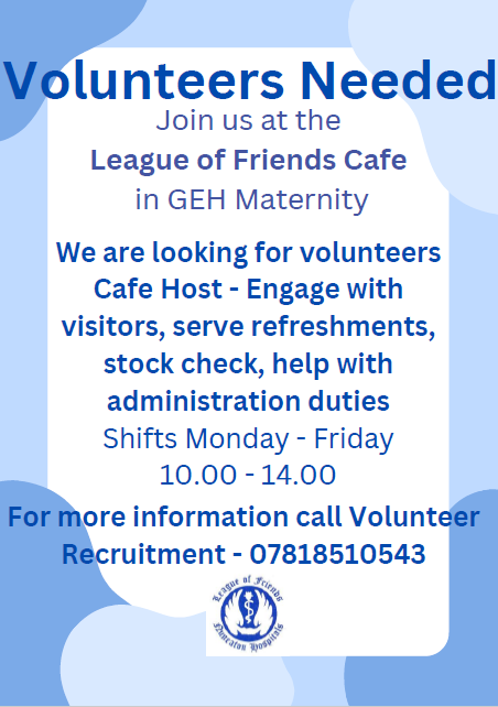 Volunteering opportunity!! 💙💙The League of Friends will be opening their café in GEH Maternity very soon and need your support! If you are interested please contact our recruitment team for more info☕️☕️ @GEHNHSnews #loveourvolunteers #volunteers #leagueoffriends #NHS