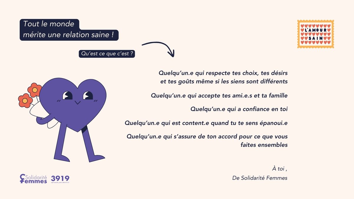 Pour la #SaintValentin , la Fédération Nationale Solidarité Femmes souhaite célébrer les relations saines 💜 Respect, communication, confiance et consentement mutuel sont fondamentaux. Si vous avez des doutes, faites notre test sur bit.ly/3OHE4sJ ou appelez le 3919📞