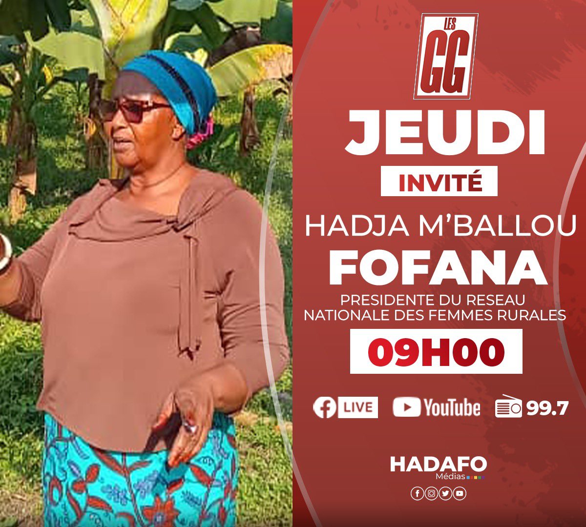 espace_gg's tweet image. Madame Hadja MBallou FOFANA PRESIDENTE DU RESEAU NATIONALE DES FEMMES RURALES est notre invitée Aujourd’hui dans votre Talk-show les GG dès 09h

Réagissez en Live 🔴 sur Twitter 📶 au hashtag #EspaceGG ou en nous envoyant vos réactions par SMS au 00224 657 39 13 13