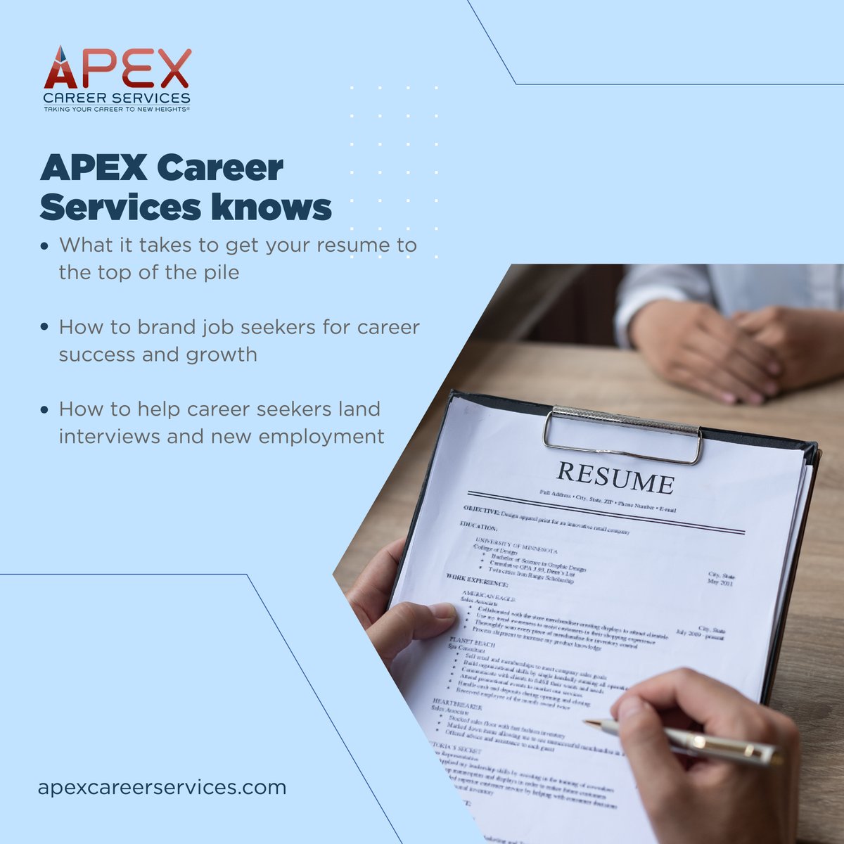 🚀 Elevate Your Career with APEX Career Services' Resumes! 🌐✨

Crafted to land at the top, ensuring interviews that make an impact. 📑💼 Ready for success? Get started: bit.ly/46ZOfzO

#ResumeSuccess #APEXCareerServices 🚀✨