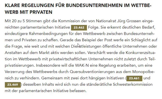 Juerg_Grossen's tweet photo. Ich freue mich, dass die WAK-N erkannt hat, dass Bundesunternehmen nicht ausufernd tätig sein sollen. Was die Privatwirtschaft leisten kann, soll sie erbringen. Der Staat soll sich auf seine Kernaufgaben (z.B. Monopolbereich) konzentrieren. @FairIstAnders https://t.co/Z5z9KwpPsP https://t.co/ed1NI55dga