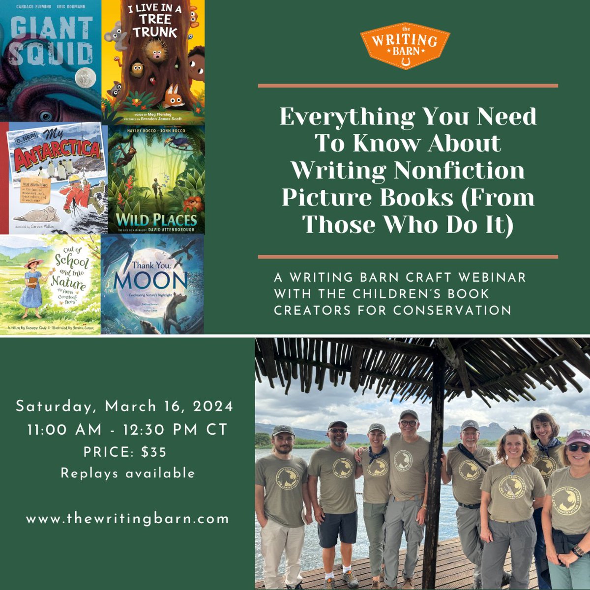 News!! You're invited to join me and the award-winning members of the Children's Book Creators for Conservation for a @TheWritingBarn workshop on nonfiction picture books. 3/16, 11am CT! Sign up here:  courage.thewritingbarn.com/childrens-book…