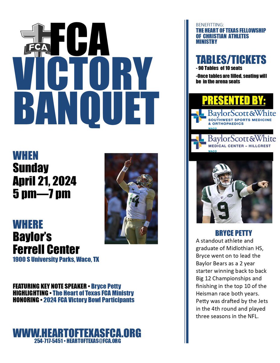 Excited to honor the 2024 Victory Bowl all stars this year and having @b_petty14 join us! Tables are going quickly, plenty of arena seats. Come be a part and support what God is doing through FCA. @BUFootball @BaylorAthletics @TheFCATeam @bswhealth_Waco @bswhswsmo