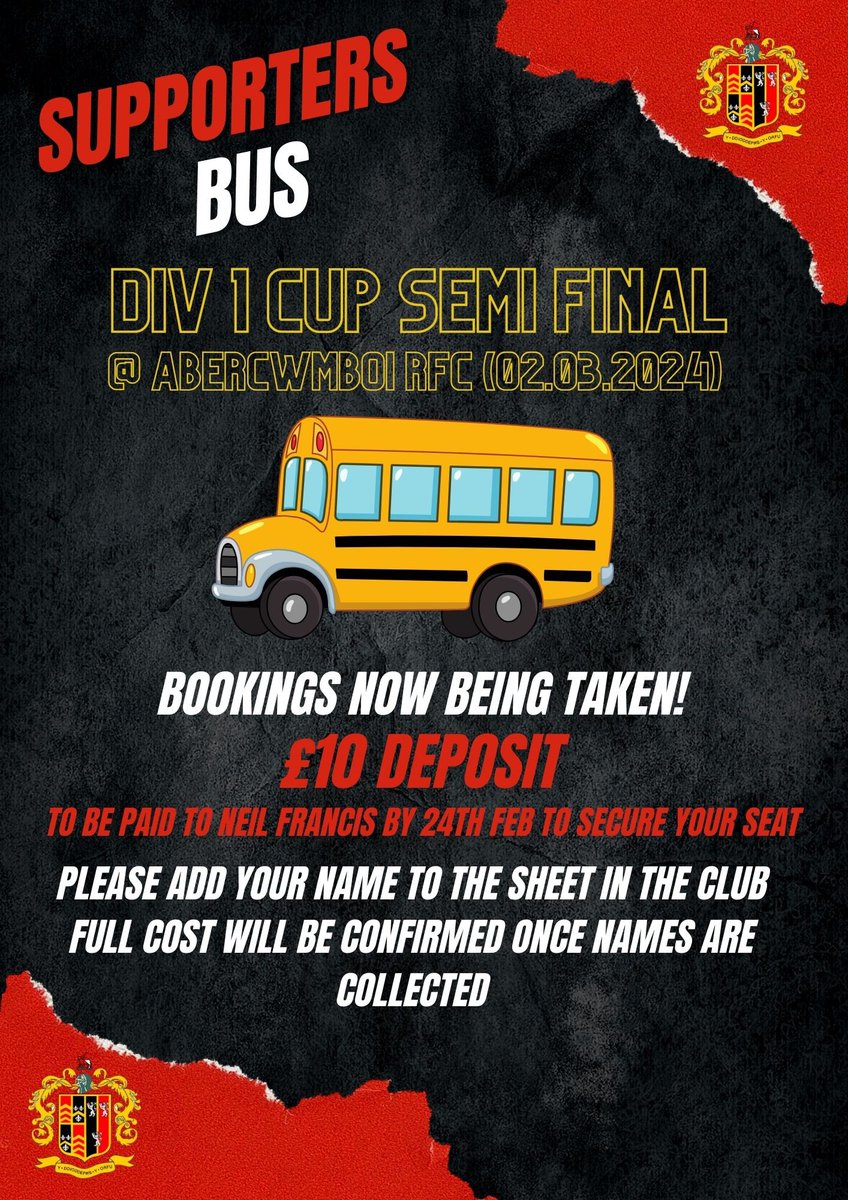 glynrfc's tweet photo. 🚌SUPPORTERS BUS🚌
Here is the information for our supporters bus(es) for the Div1 Cup semi-final on 2nd March which is being played at @AbercwmboiRFC 

We’d appreciate your support if you are able to make it 🇩🇪🚌 https://t.co/8lMURbFall