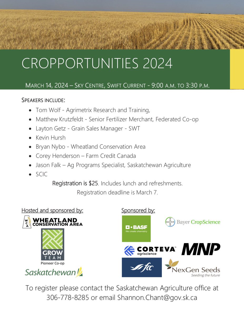 Wheatland Conservation Area (@wheatlandsask) on Twitter photo Registration is open for our Annual Cropportunites Conference on Thursday, March 14th in Swift Current.
Thank you to our hosts and sponsors!
GOLD sponsors:
<a href="/BASFAgSolutions/">BASF Canada Agricultural Solutions</a>
<a href="/CortevaCA/">Corteva Canada</a>
<a href="/MNP_LLP/">MNP</a>
<a href="/Bayer4CropsCA/">Crop Science Canada</a>
<a href="/nexgenseeds/">nexgenseeds</a>
<a href="/FCCagriculture/">Farm Credit Canada</a>
<a href="/PioneerCoopAG/">Pioneer Coop Grow Team</a>
<a href="/SKAgriculture/">Sask Agriculture</a> Registration is open for our Annual Cropportunites Conference on Thursday, March 14th in Swift Current.
Thank you to our hosts and sponsors!
GOLD sponsors:
<a href="/BASFAgSolutions/">BASF Canada Agricultural Solutions</a>
<a href="/CortevaCA/">Corteva Canada</a>
<a href="/MNP_LLP/">MNP</a>
<a href="/Bayer4CropsCA/">Crop Science Canada</a>
<a href="/nexgenseeds/">nexgenseeds</a>
<a href="/FCCagriculture/">Farm Credit Canada</a>
<a href="/PioneerCoopAG/">Pioneer Coop Grow Team</a>
<a href="/SKAgriculture/">Sask Agriculture</a>