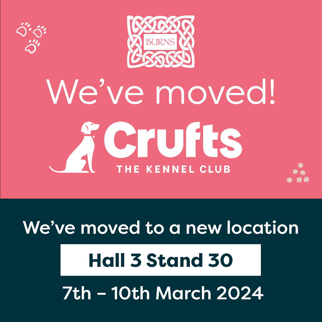 Worried about sniffing us out at @crufts 2024? We’ve moved to a new location. You can find us at: 🐾 Hall 3, Stand 30 🐾 Visit our stand for exclusive discounts, fun competitions, free advice and meet the team behind our award-winning recipes. Will we see you there?