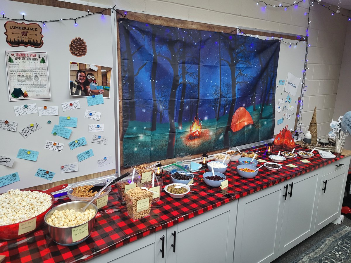 KruseES's tweet photo. Our PTO and families are so creative! For our staff appreciation week they have a theme of "Happy Campers." Today we have a popcorn/trail mix bar! https://t.co/QXjn6X3SE3