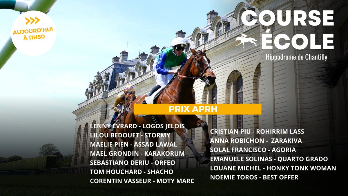 13 partants au départ du Prix APRH, ce jour sur l'hippodrome de Chantilly. 
Bonne chance à nos apprentis !   
<a href="/AprhChantilly/">Aprh</a> <a href="/francegalop/">France Galop</a>